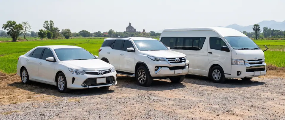 Sedan, SUV and van parked in front of rice fields and a temple